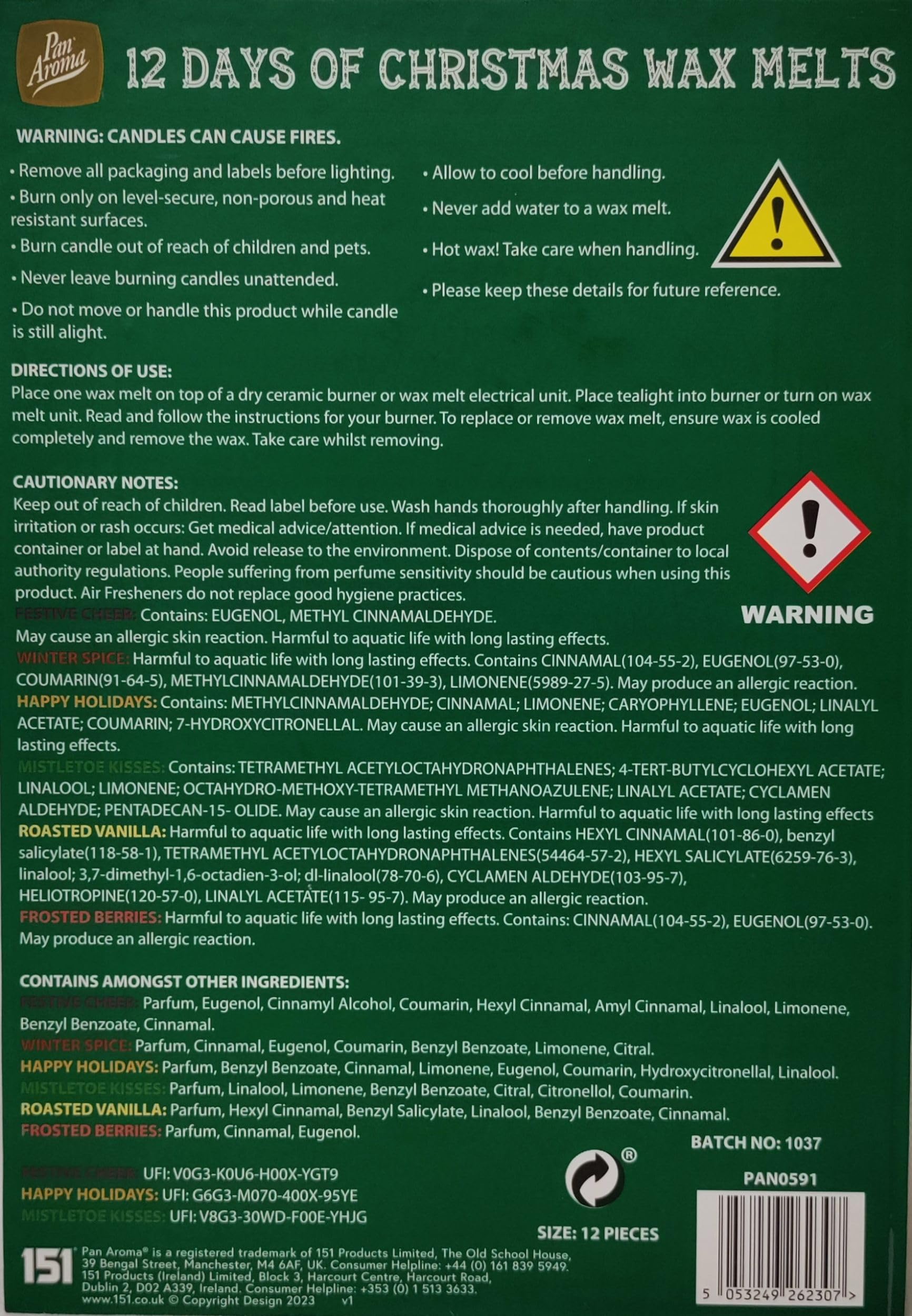 Pan Aroma Christmas Wax Melt Advent Calendar 12 Days Of Wax Melts Assorted Fragrances Spice Berry Vanilla, Green